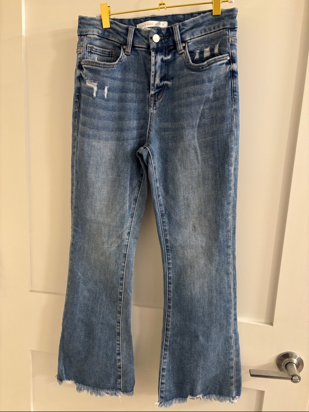 Altar'd State Mid Wash Blue Flare Jeans with Frayed Hem